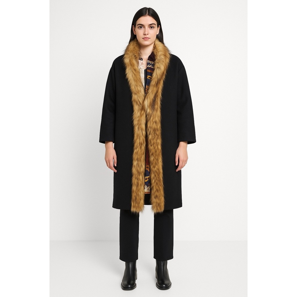Zara Black Wool Coat w/ Faux Fur Trim & Baroque Lining Vintage Style S